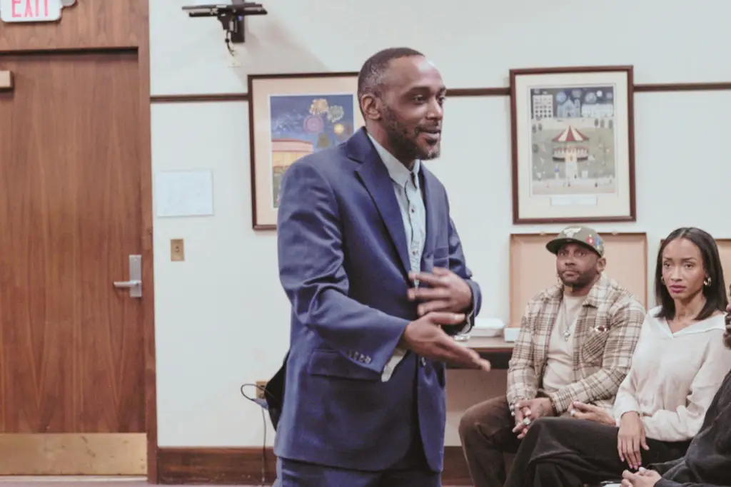 Adrian K. Lynch speaking to attendees during a Blackshires Leadership Accelerator civic leadership event at Pittsfield City Hall.