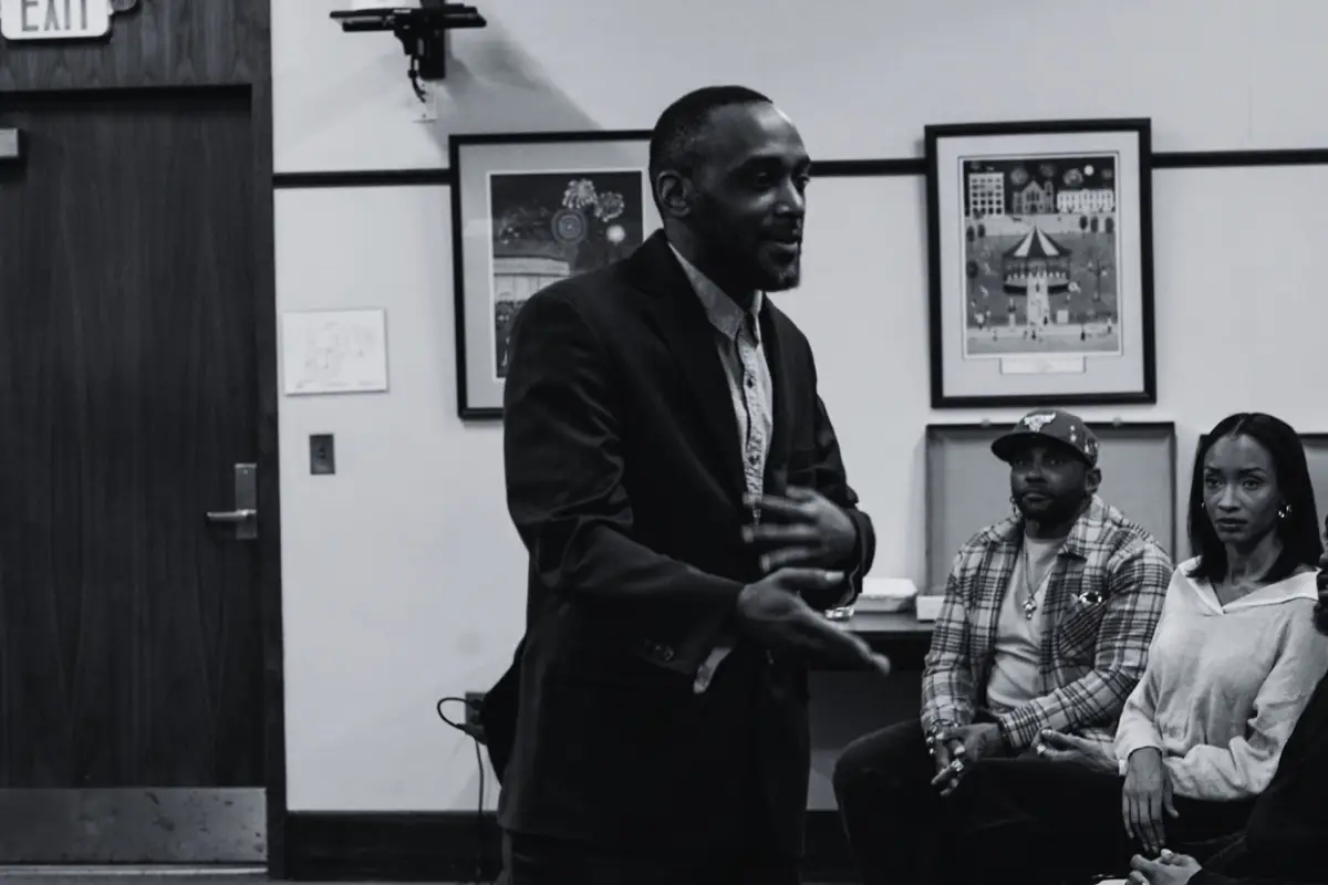 Adrian Lynch, founder of Stubborn Ibex Studios, speaking at an event in Pittsfield, Massachusetts