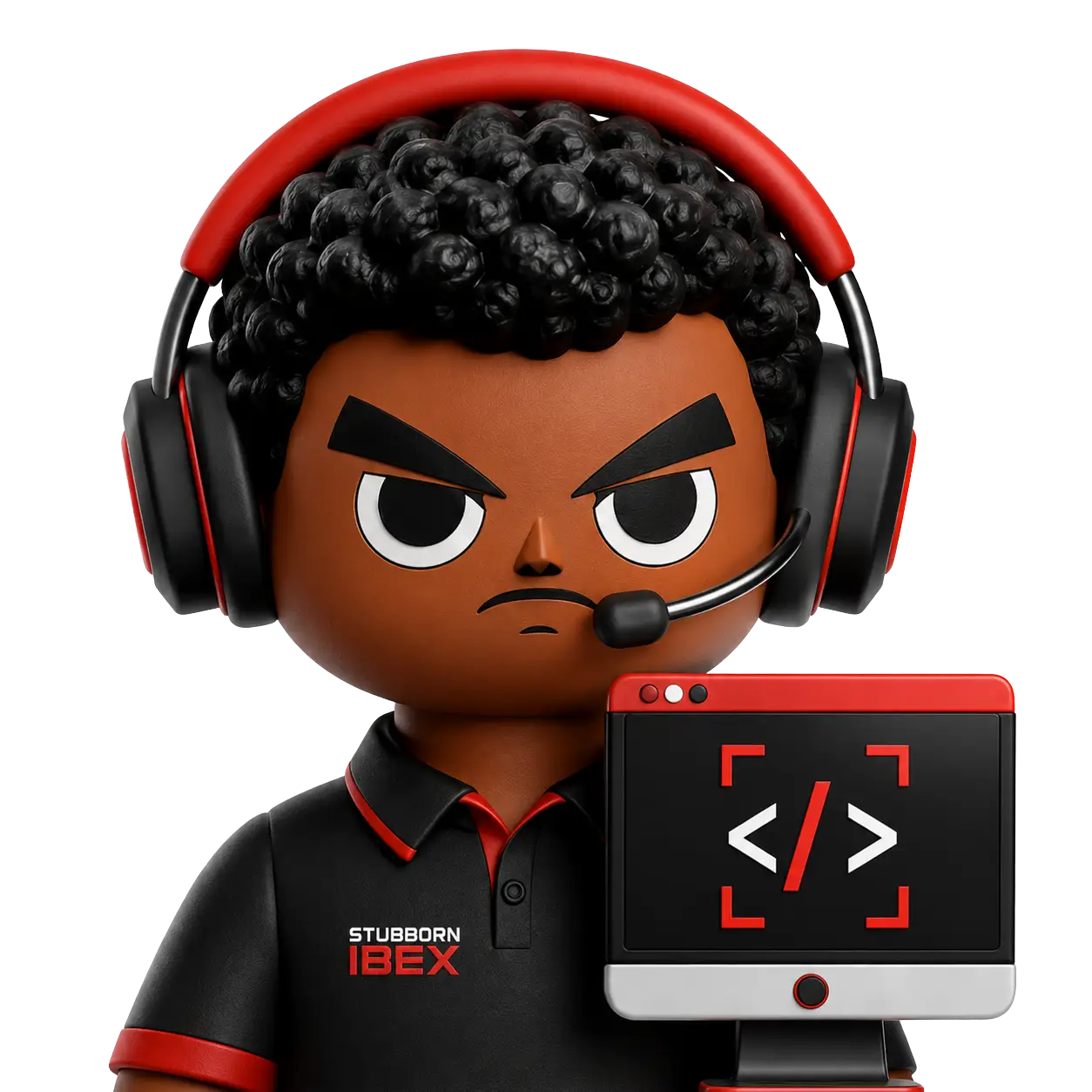 Kazz, the Stubborn Ibex Studios mascot, wearing a customer support headset
