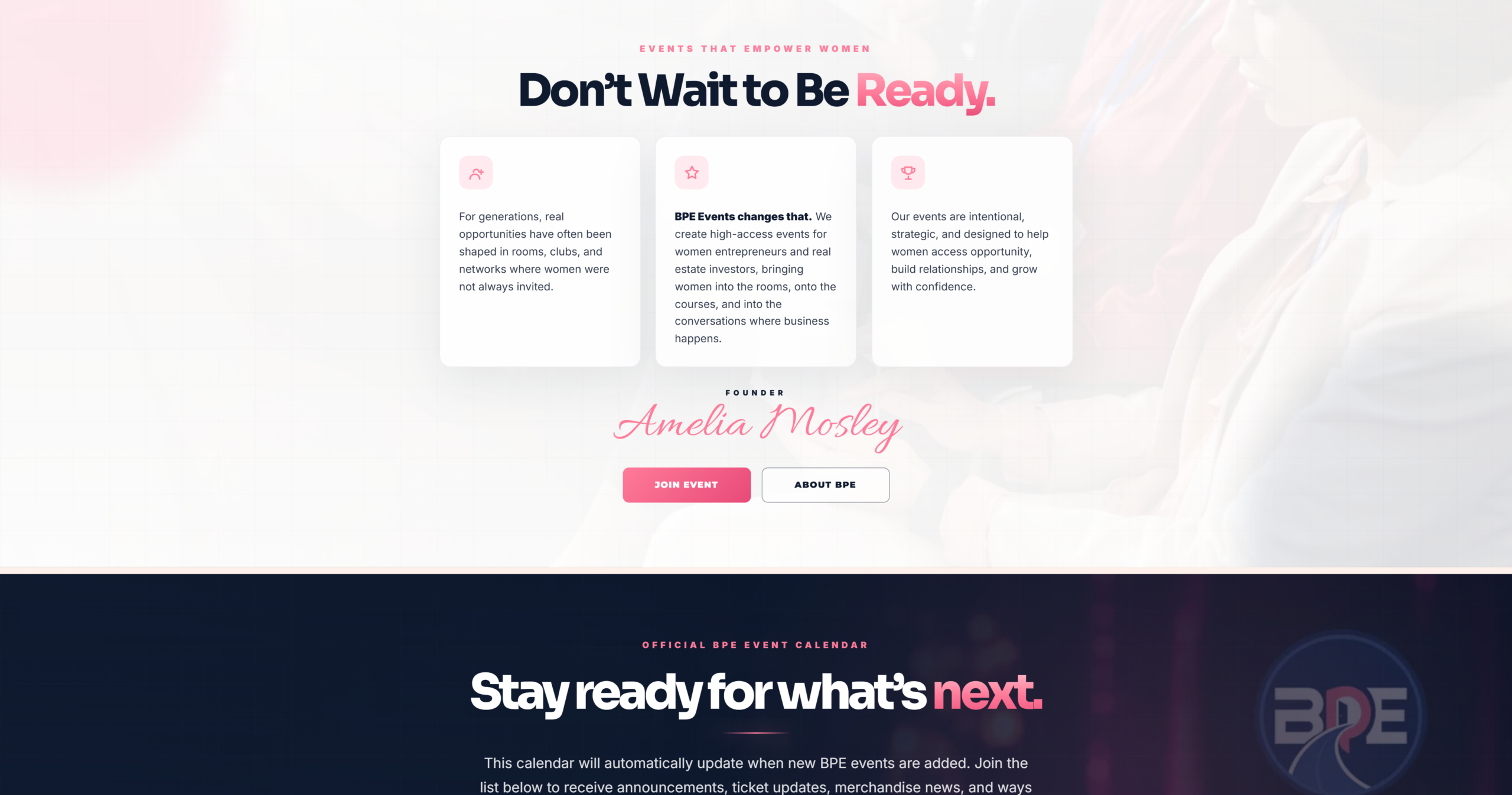 BPE Events website project screen two