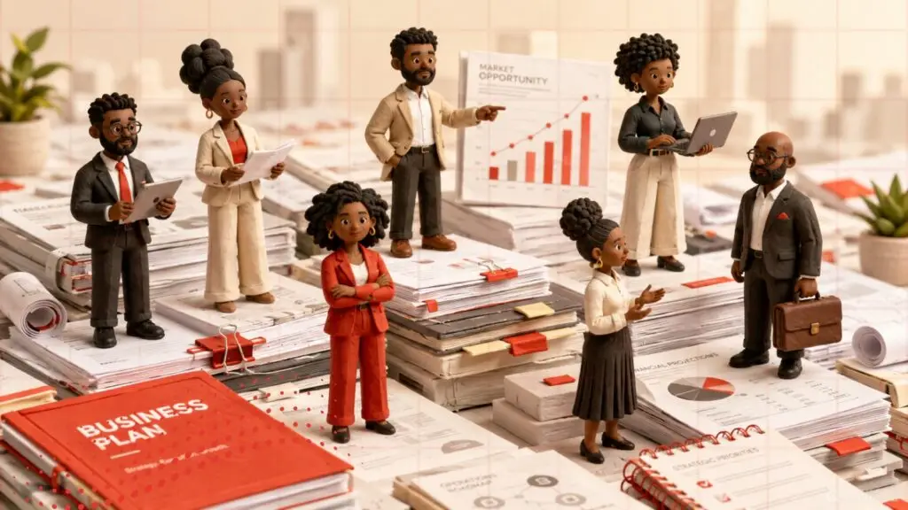 “Diverse small business owners standing on business planning documents and financial reports.”