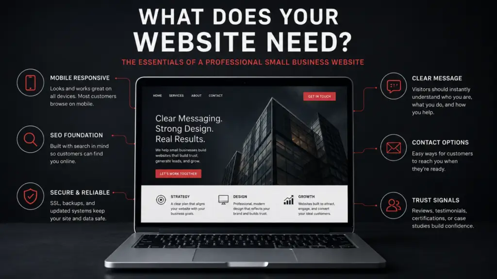 Professional small business website essentials including mobile design, SEO, contact options, security, and clear messaging.