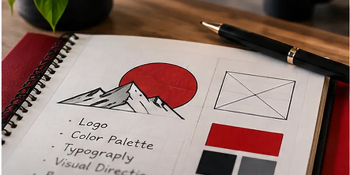 Brand identity sketches and color swatches on a design desk