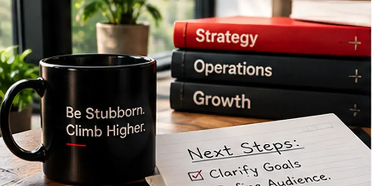Business strategy books and planning notebook on a desk