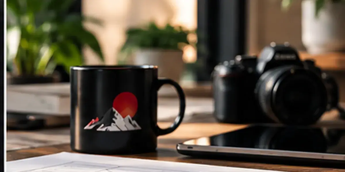 Website planning sketches with a camera and coffee cup