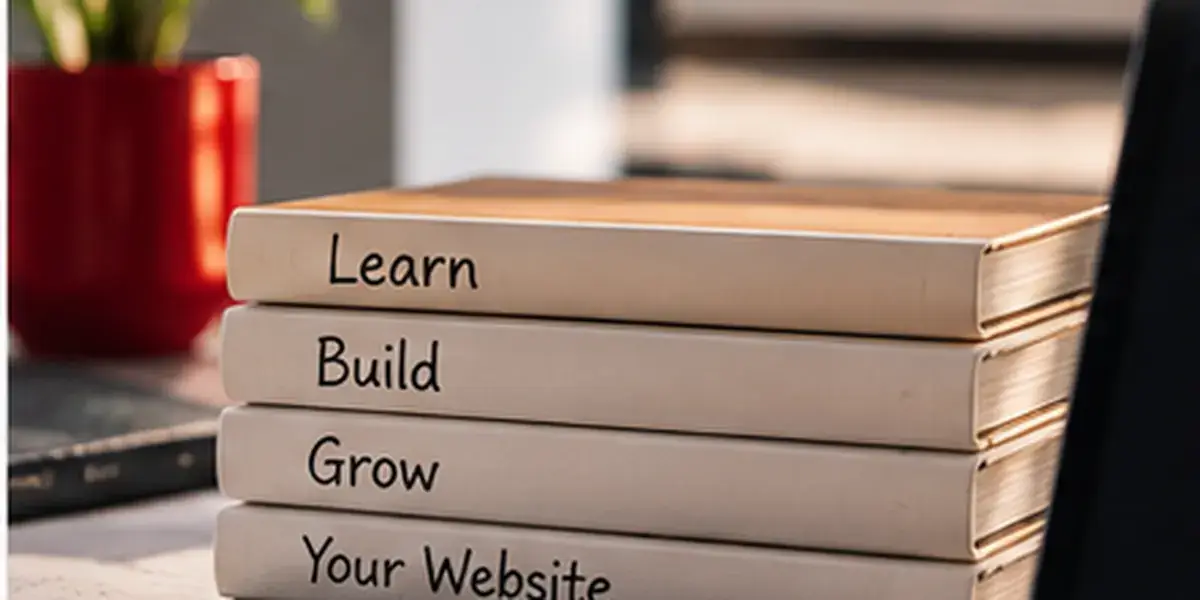 Stack of website learning books in a bright workspace