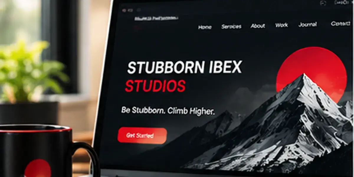 Laptop displaying a website design beside a notebook in a bright studio