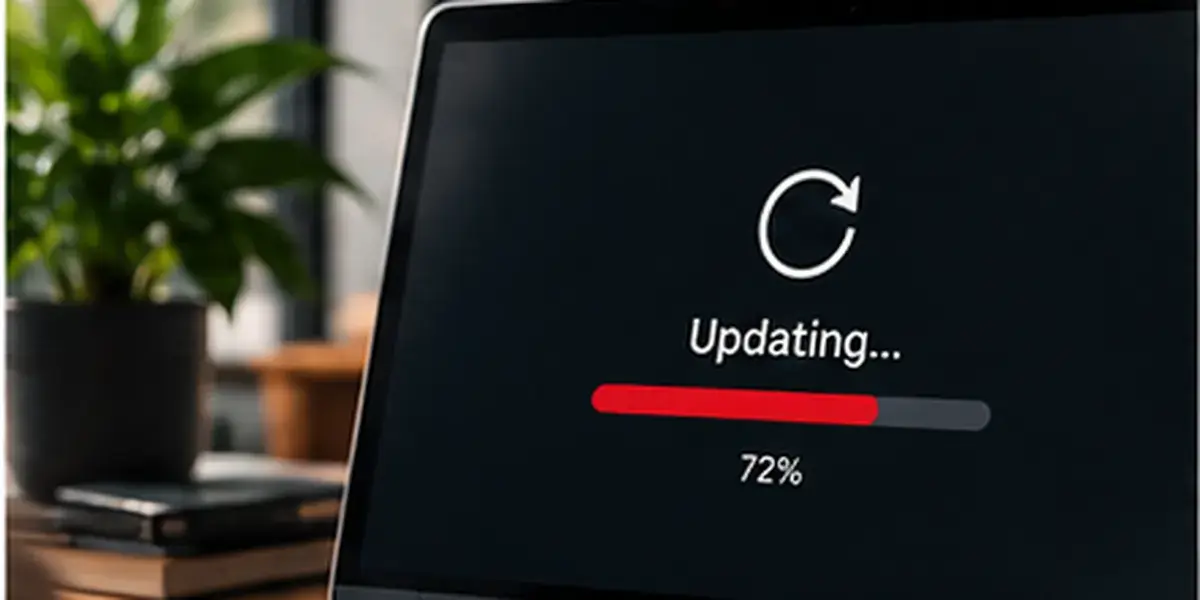 Website maintenance update progress displayed on a laptop